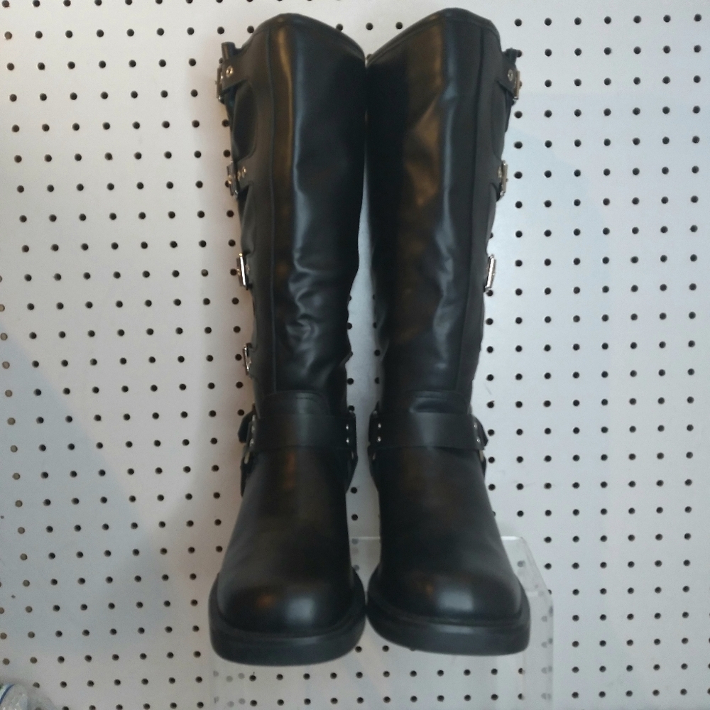 Women's 12.5" Knee High Moto Boots Buckle Strap Gothic Low Chunky Platform Black - Picture 7 of 10